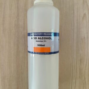 A 500ml bottle of high-purity Acid Alcohol decolorizer from Greengold Lab Supplies