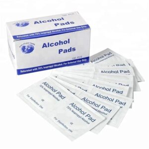 A box of individually wrapped, sterile alcohol prep pads from Greengold Lab Supplies