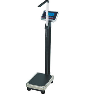 A professional digital physician's scale from Greengold Lab Supplies, featuring a heavy-duty platform, a large backlit LCD display, and an integrated electronic stadiometer.