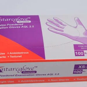 A box of premium powdered latex examination gloves from Greengold Lab Supplies