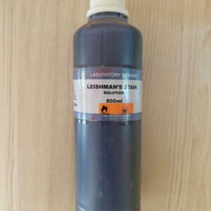 A 500ml amber-tinted bottle of high-purity Leishman Stain solution from Greengold Lab Supplies