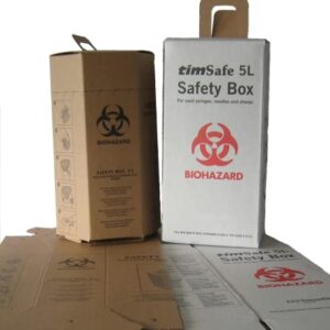 A puncture-resistant, yellow 5-liter medical sharps safety box from Greengold Lab Supplies